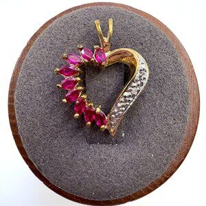 Gold Over Sterling Silver 925 Ruby & Diamond Heart Pendant Size 0.75" Length